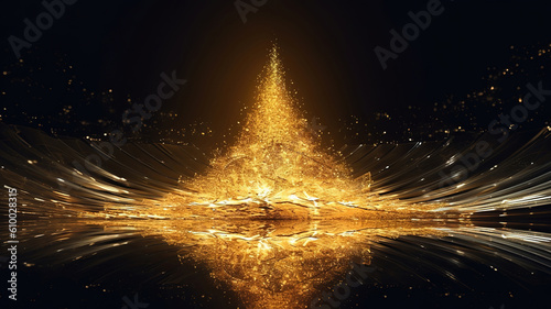 Golden Christmas tree in winter forest and stars sky. Generative ai