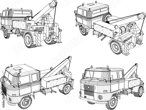 Sketch vector illustration of a classic vintage old tow truck transporter breaking down