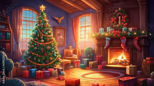 Beautiful classic red and golden Christmas room decor. Generative ai