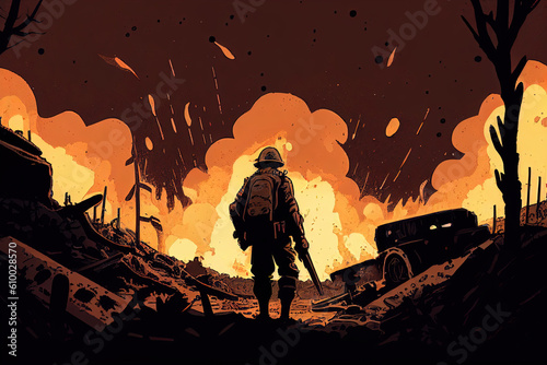 A Stylised Illustration of a Soldier At War With Dramatic Explosions and Wartime Background Scene Showing the Horrors of Battle in a World War Two Era © James