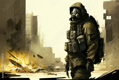 Soldier At War Modern Futuristic Era With Dramatic Explosions and Wartime Background Scene Showing the Horrors of Battle Clouds Bombs Shells in a Cartoon Stylised Illustration