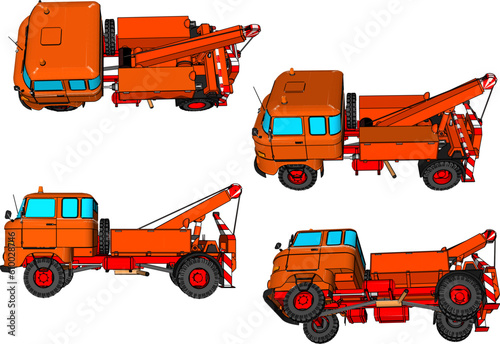 Sketch vector illustration of a classic vintage old tow truck transporter breaking down