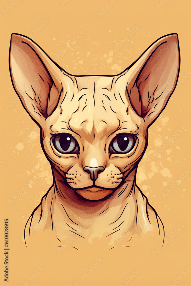 portrait of a sphinx cat with blue eyes, geometric shapes on the background, concept art for a cafe, art spaces