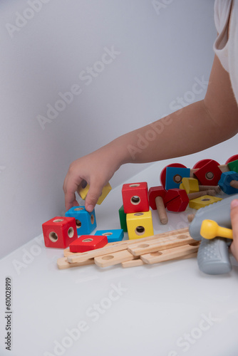 Board game constructor. Wooden parts for the constructor game. Education. Entertaining games for children.Kindergarden education games.close up view