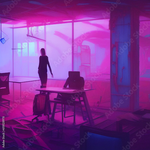 home interior style neon lighting window outline city view, futuristic cyberpunk and synthwave living room interior with view illustration