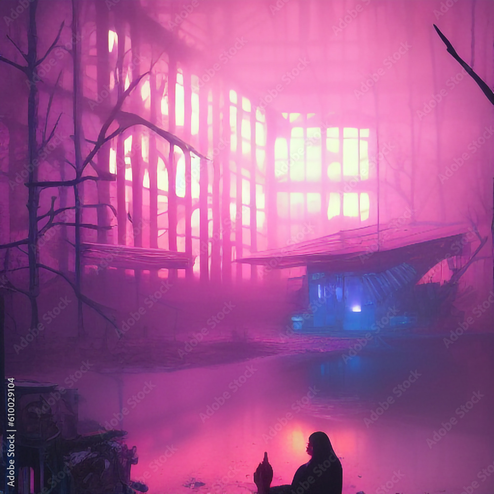home interior style neon lighting window outline city view, futuristic cyberpunk and synthwave living room interior with view illustration home interior style neon lighting window outline city view, futuristic cyberpunk and synthwave living room interior with view illustration