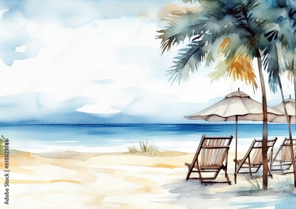 Beautiful beach wallpaper. White sand, with chairs and umbrellas. Travel, tourism concept. Beautiful panoramic watercolor background. AI generated.