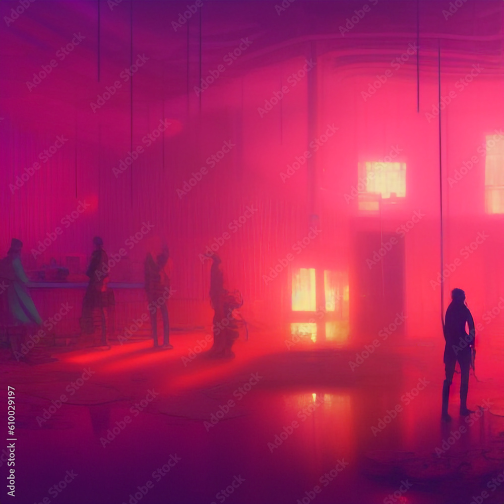 Fototapeta premium home interior style neon lighting window outline city view, futuristic cyberpunk and synthwave living room interior with view illustration
