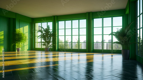 Interior empty green room with panorama windows. Copy space. Modern design stylish apartment.  Generative AI