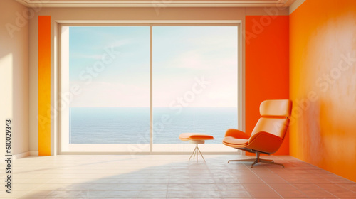  Luxury interior room with orange armchair and windows. Balcony with view on ocean. Generative AI
