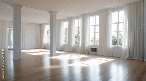 Interior empty white room with panorama windows. Copy space. Modern design stylish apartment.  Generative AI © Odin