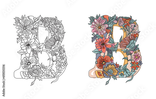 Vector coloring page with letter B Letter a coloring book for adults
