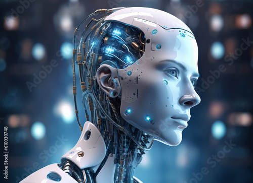 Artificial intelligence in the humanoid head. Artificial Intelligence, Robotic Technology future digital concept