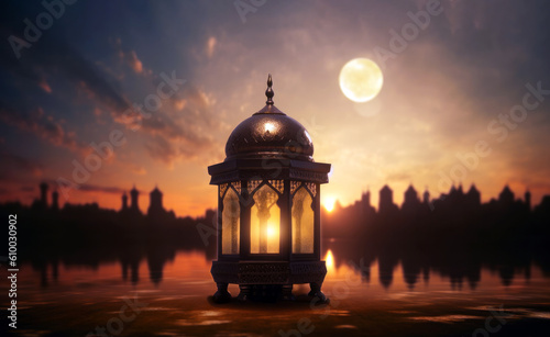 Ramadan Kareem background with mosque and moon. Ramadan Kareem background