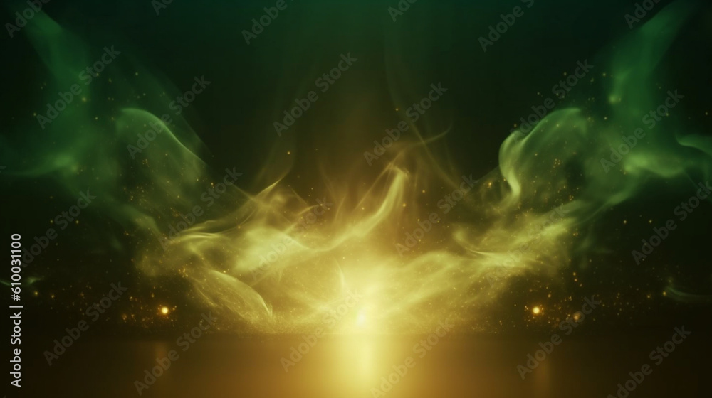 Empty postcard, green backdrop with gold smoke wavy lines. Banner with copy space. Generative AI