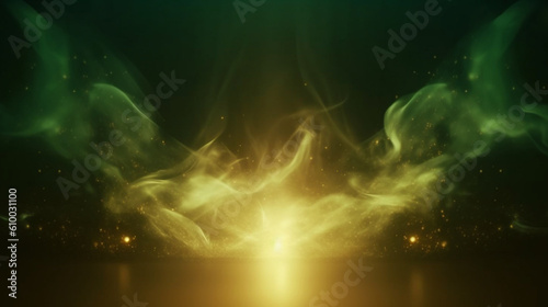 Empty postcard, green backdrop with gold smoke wavy lines. Banner with copy space. Generative AI