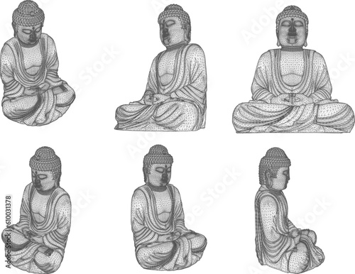 Sketch vector illustration of cartoon smiling buddha statue meditating in nirvana
