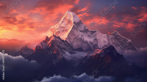 Everest in the light of a bright sunset. Generative AI