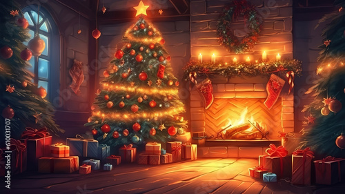 Living room fireplace decorated for Christmas. Generative ai