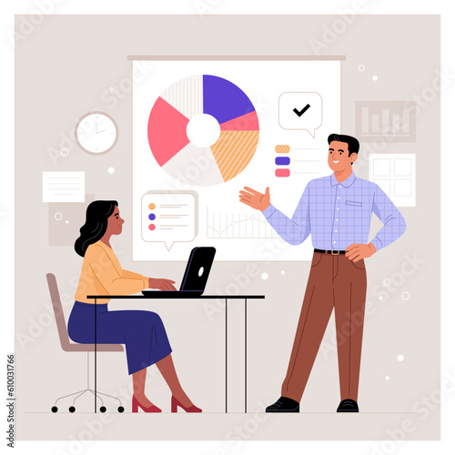 Business Presentation. Vector cartoon illustration in a flat style of a young woman sitting at a table with a laptop, in front of which a man stands against the background of a board with graphs.