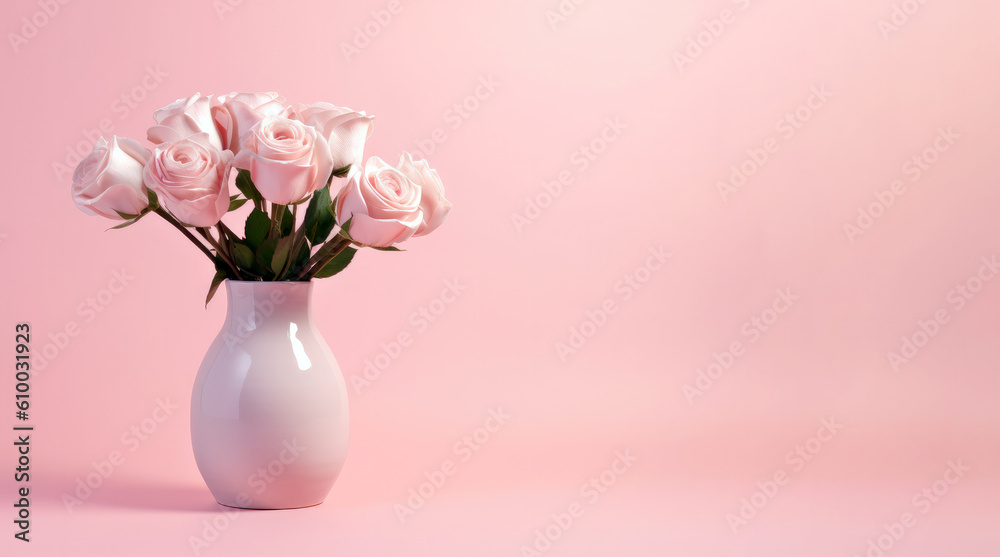 White vase with pink roses on pink background with copy space