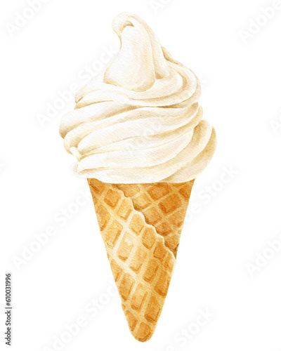 Vanilla ice cream in a waffle cone food illustration.