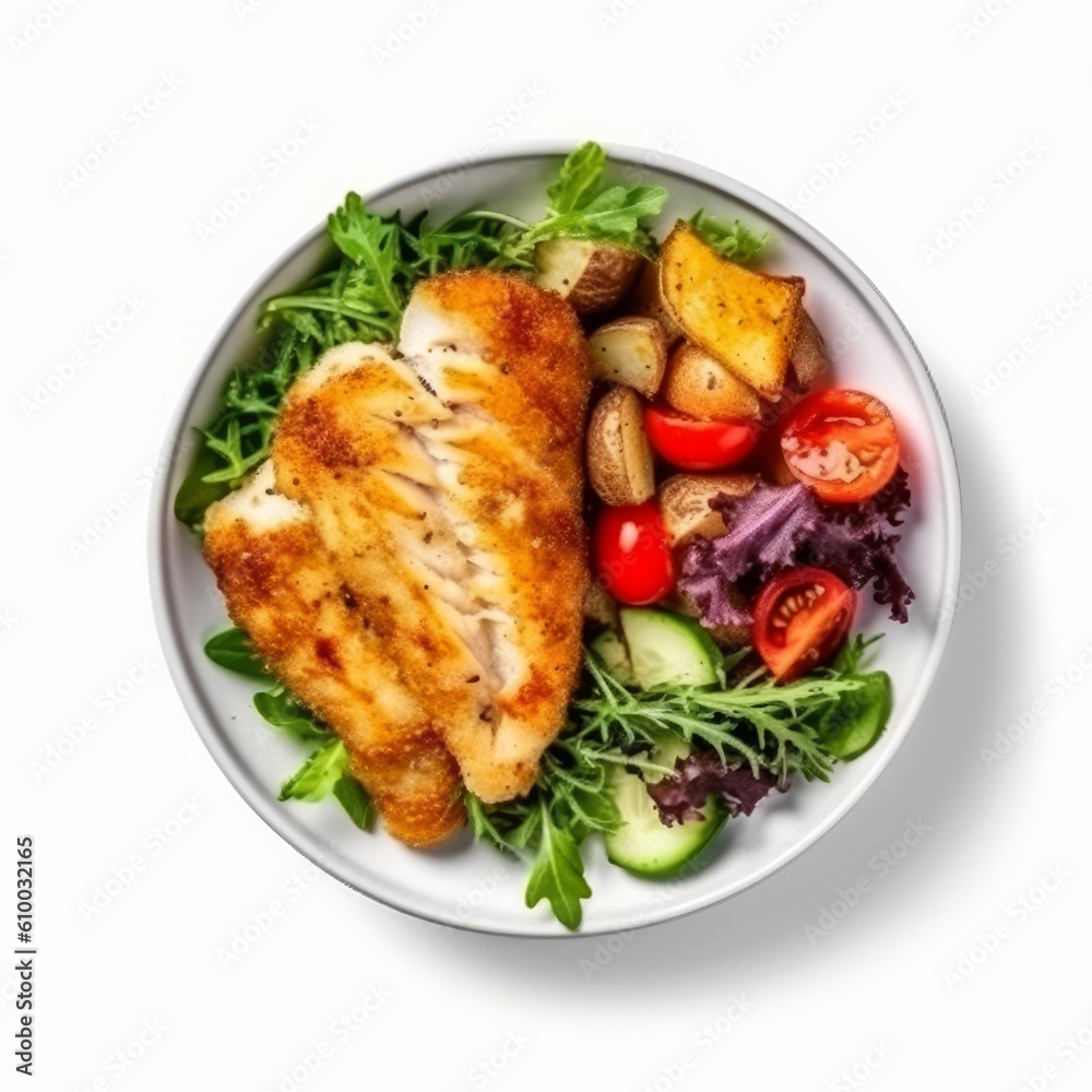 fish fillet with salad. Healthy food, keto diet, diet lunch concept. Top view on white background generative AI fish fillet with salad. Healthy food, keto diet, diet lunch concept. Top view on white background generative AI