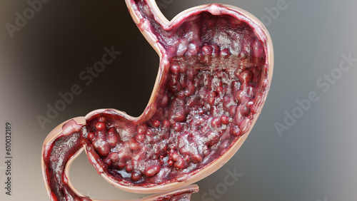 Stomach cancer. stages tumor growth in digestive system, Peptic Ulcer, Cancer attacking cell. gastric disease concept. symptoms, malignant cancerous, viruses and bacteria, Cross section, 3d render photo