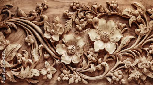 Fototapeta Naklejka Na Ścianę i Meble -  Natural wood plank carving, floral design with carved branches, leaves, and flowers. Abstract illustration created with Generative AI technology.