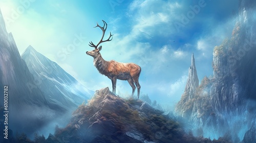 some kind of a deer standing on top of a mountain Generative Ai © gazemarinated