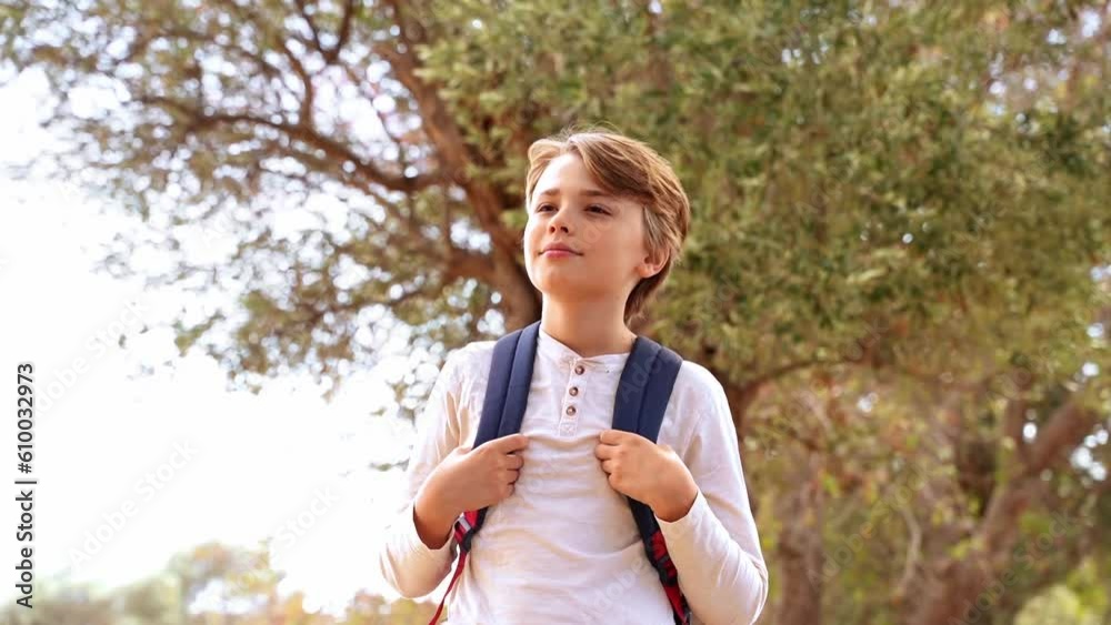 Caucasian teen boy with backpack looking at camera in teenage camp nature tree park. Summer adventures of family children kids. Caucasian teen boy with backpack looking at camera in teenage camp nature tree park. Summer adventures of family children kids.