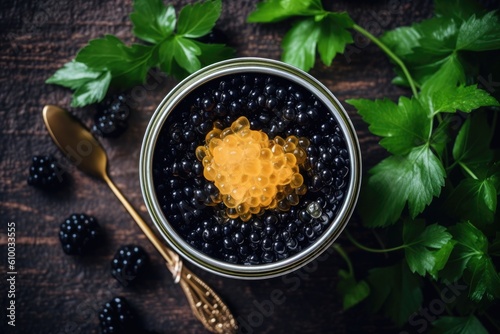 stock photo of caviar on the can flat lay Food Photography AI Generated