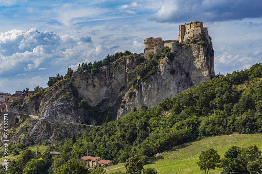 Fortress of San Leo, Italy, View of the Fortress of San Leo and town of the Marche regions.
