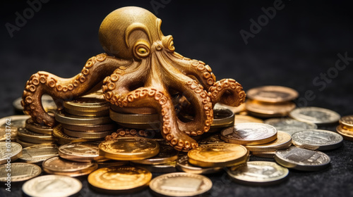 an octopus on a stack of gold coins isolated created with Generative AI technology