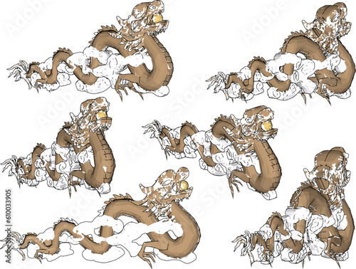 Vector illustration cartoon sketch of a sacred chinese dragon with golden ball