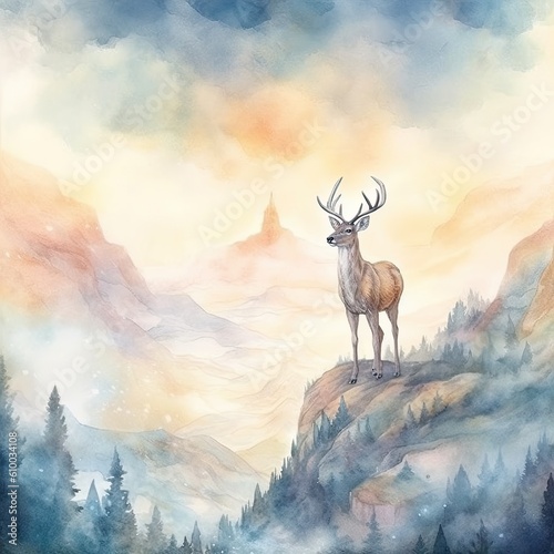 watercolor deer standing on a hill overlooking a beautiful landscape Generative Ai © gazemarinated
