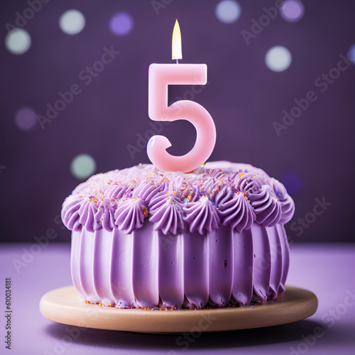 Decorated Birthday cake with a single number six candle for for kids fifth birthday