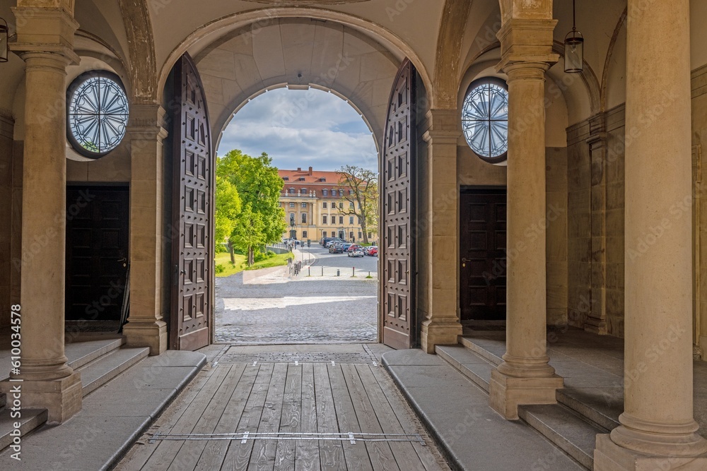 View through a historical archway of a Middle Ages castle
