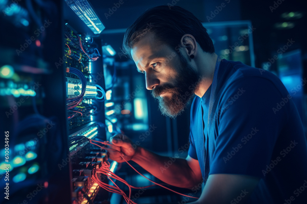 IT specialist troubleshooting network equipment in a server room, IT specialists, bokeh Generative AI IT specialist troubleshooting network equipment in a server room, IT specialists, bokeh Generative AI
