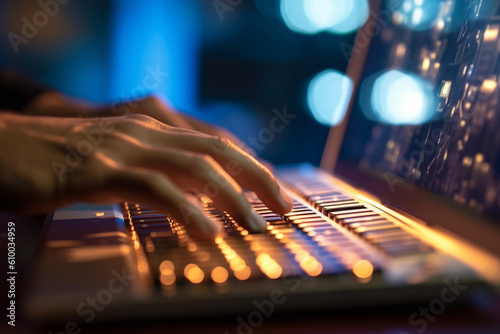 Close-up of an IT specialist's hands typing on a keyboard, IT specialists, bokeh Generative AI
