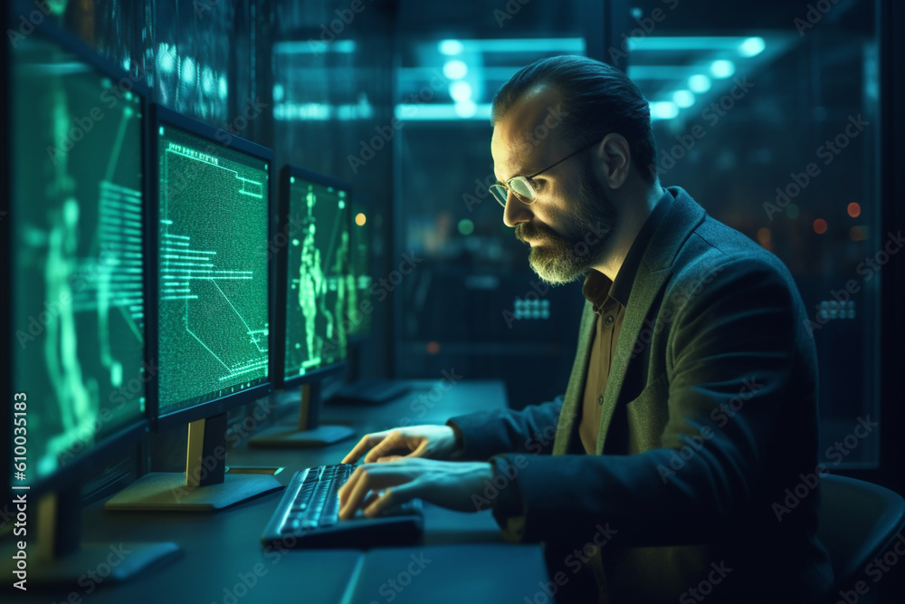 IT specialist conducting cybersecurity analysis and implementing security measures, IT specialists, bokeh Generative AI IT specialist conducting cybersecurity analysis and implementing security measures, IT specialists, bokeh Generative AI