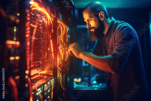 IT specialist installing software on a server, IT specialists, bokeh Generative AI photo