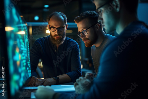 IT specialist discussing project details with colleagues, IT specialists, bokeh Generative AI