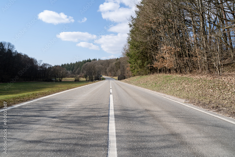 Fototapeta premium Rural road with leafless trees on the sides and a blue sunny sky in spring
