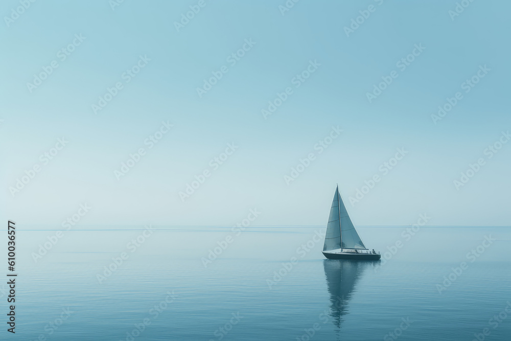 Minimalist photography of a sailboat, Japanese minimalism. A single sailing boat at sunset sails on the blue sea against a blue sky. Generative AI professional photo imitation.