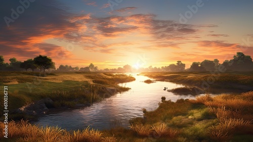 a river on the horizon with a sunrise behind it Generative Ai © beneficialrustle