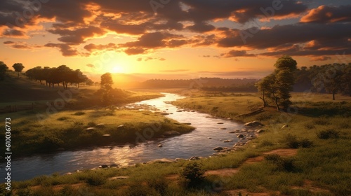 a river on the horizon with a sunrise behind it Generative Ai
