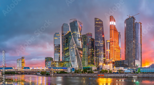 High buildings of Moscow-City at Moskva River at summer sunset, Russia. © Dmitrii Potashkin