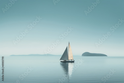 Minimalist photography of a sailboat, Japanese minimalism. A sailing boat at sunset sails on the blue water against a blue sky. Generative AI professional photo imitation.
