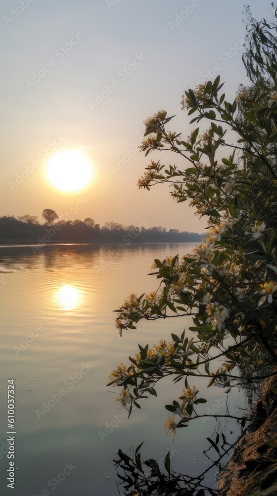 the sun setting over a river in morning Generative Ai the sun setting over a river in morning Generative Ai
